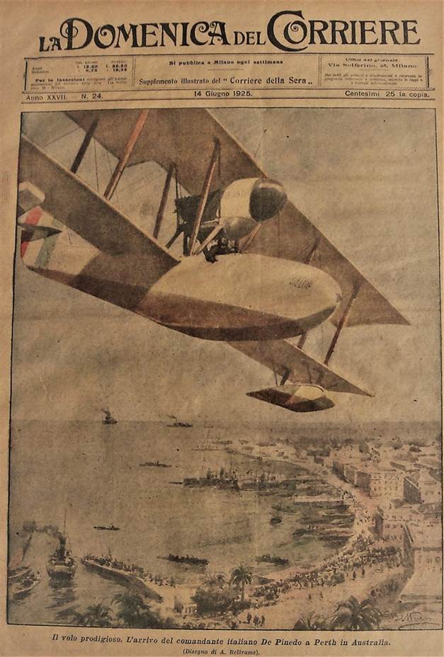 La copertina de La Domenica del Corriere del 14 giugno 1925 dipinta da Achille Beltrami per celebrare l'arrivo a Perth di De Pinedo e Campanelli.