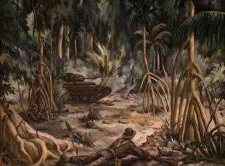 A Valentine tank and New Zealand soldiers engage unseen Japanese defenders amid Nissan Island’s thick jungle, as depicted by Barns-Graham. Squarepeg’s climactic fight, near Tanaheran Village, resulted in the Kiwis routing determined but outnumbered defenders.
